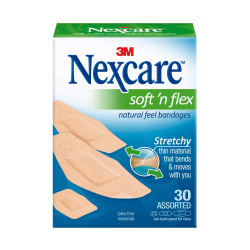 Nexcare Soft 'n Flex Fabric Bandages, Assorted Sizes, Tan, Box Of 30