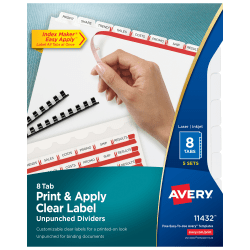 Avery Print & Apply Clear Label Dividers With Index Maker Easy Apply? Printable Label Strip And White Tabs, 8-Tab, Box Of 5 Sets