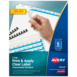 Avery® Unpunched Customizable Dividers For Use With Any Binding System With Index Maker® Easy Print & Apply Clear Label Strip, 5 Tab, White, Pack Of 25 Sets