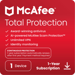 McAfee Total Protection, For 1 Device, 1-Year Subscription, Windows 10, Download