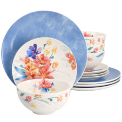 Spice by Tia Mowry Goji Blossom 12-Piece Fine Ceramic Dinnerware Set, Blue