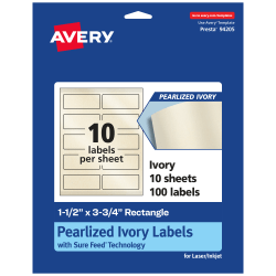Avery® Pearlized Permanent Labels With Sure Feed®, 94205-PIP10, Rectangle, 1-1/2" x 3-3/4", Ivory, Pack Of 100 Labels
