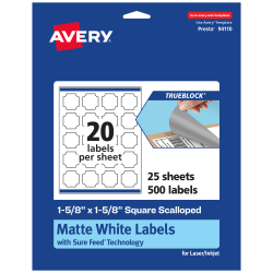 Avery® Print-To-The-Edge TrueBlock® Labels With Sure Feed®, 94110-TWMP25, Square Scalloped, 1-5/8" x 1-5/8", Matte White, Pack Of 500