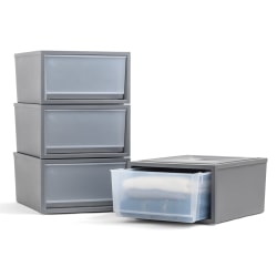 Iris® Stackable Storage Bins With Drawers, 10-1/4" x 16-1/8", Gray, Set Of 3 Bins