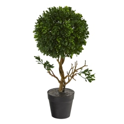 Nearly Natural Boxwood Topiary 15"H Artificial Tree With Planter, 15"H x 6"W x 6"D, Green/Black