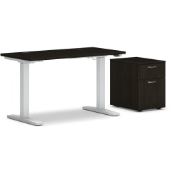HON® Mod 48"W Height-Adjustable Writing Desk With Mobile Storage, Java Oak/Silver
