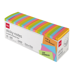 Office Depot® Brand Sticky Notes, With Storage Tray, 3" x 3", Assorted Vivid Colors, 100 Sheets Per Pad, Pack Of 24 Pads