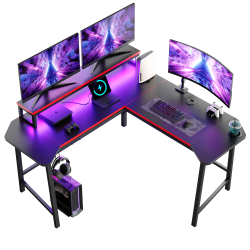 Bestier 57"W L-Shaped Gaming Computer Desk With Aircraft Arc, Monitor Stand & LED Light, Carbon Fiber Black