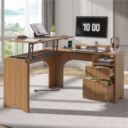 Bestier 55"W L-Shaped Adjustable Height Computer Standing Desk, Walnut, Total Qty 1