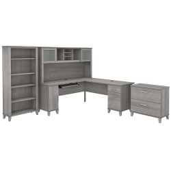 Bush Furniture Somerset 72"W L-Shaped Desk With Hutch, Lateral File Cabinet And Bookcase, Platinum Gray, Standard Delivery
