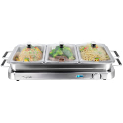 MegaChef 3-In-1 Electric Chaffing Buffet Server And Warming Tray With Three 2.63 Qt Trays And One 8.6 Qt Baking Pan, Silver