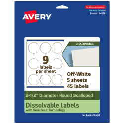 Avery® Print-to-the-Edge Dissolvable Labels With Sure Feed® Technology, 94516-DWMP5, Round Scalloped, 2-1/2", Matte Off-White, Pack Of 45