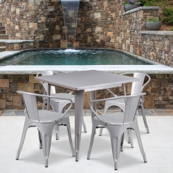 Flash Furniture Commercial-Grade Square Metal Table Set With 4 Arm Chairs, 29-1/2"H x 31-1/2"W x 31-1/2"D, Silver