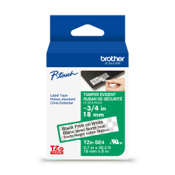 Brother P-touch TZeSE4, Tamper-Evident, Laminated, ~3/4in (18mm) x 26.2ft (8m), Black on White Label Tape