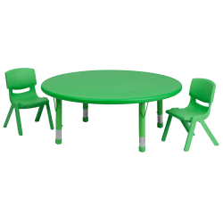 Flash Furniture Round Plastic Height-Adjustable Activity Table Set With 2 Chairs, 23-3/4"H x 45"W x 45"D, Green
