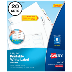 Avery® Big Tab™ Printable Label Dividers With Easy Peel®, 8-1/2" x 11", 5 Tab, White, Pack Of 20 Sets