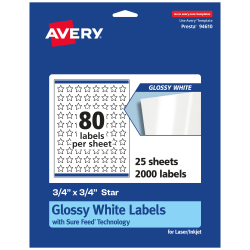 Avery® Glossy Permanent Labels With Sure Feed®, 94610-WGP25, Star, 3/4" x 3/4", White, Pack Of 2,000
