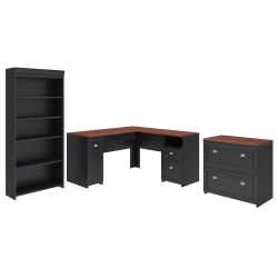 Bush Furniture Fairview 60"W L-Shaped Desk With Lateral File Cabinet And 5-Shelf Bookcase, Antique Black, Standard Delivery