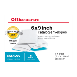 Office Depot® Brand 6" x 9" Catalog Envelopes, Clean Seal, White, Pack Of 5