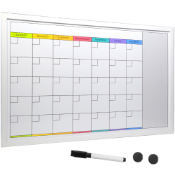 Excello Global Products Magnetic Dry-Erase Monthly Calendar Whiteboard, Porcelain, 20" x 30", White Wood Frame