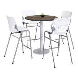 KFI Studios KOOL Round Pedestal Table With 4 Stacking Chairs, 41"H x 36"D, Studio Teak/White