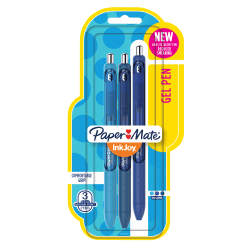 Paper Mate® InkJoy™ Retractable Gel Pens, Medium Point, 0.7 mm, Black Barrels, Assorted Blue Ink Colors, Pack Of 3