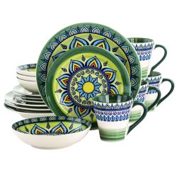 Elama 16-Piece Stoneware Dinnerware Set, Green Mozaik