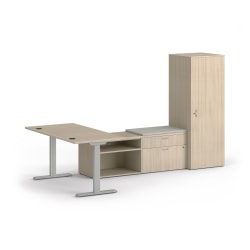 HON Mod 114"W Height-Adjustable L-Station Computer Desk With Storage, Desert Oak/Cool Neutral/Silver
