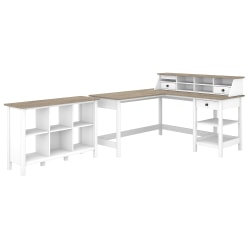 Bush Furniture Mayfield 60"W L-Shaped Computer Desk With Desktop Organizer And 6-Cube Bookcase, Pure White/Shiplap Gray, Standard Delivery