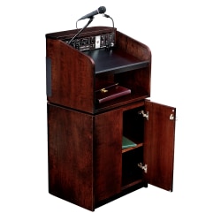 Oklahoma Sound® Tabletop & Base Combo Sound Lectern With Tie Clip/Lavalier Wireless Microphone, Mahogany On Walnut
