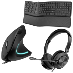 Delton E250 Ergonomic Keyboard, Vertical Mouse & Wired Headset Kit, Black, Total Qty 1