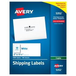 Avery® Shipping Labels For Copiers, 5352, Rectangle, 2&quot; x 4-1/4&quot;, White, Pack Of 1,000