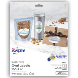 Avery® Printable Blank Labels, 22814, Oval, 1.5" x 2.5", Glossy White, Pack Of 90 Customizable Labels
