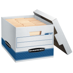 Bankers Box® Stor/File&trade; Medium-Duty Storage Boxes With Locking Lift-Off Lids And Built-In Handles, Letter/Legal Size, 15&quot; x 12&quot; x 10&quot;, 60% Recycled, White/Blue, Case Of 12