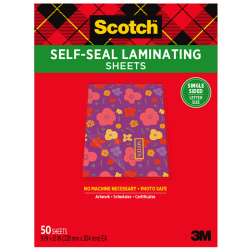 Scotch® Self-Seal Laminating Sheets, 50 Laminating Sheets, Fits Letter Size (9 in. x 12 in.) Paper - LS854SS50