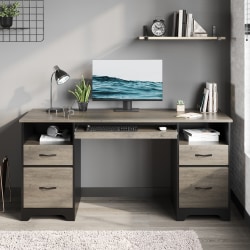 Bestier 59&quot;W Double-Pedestal Executive Computer Desk With Open Storage &amp; Drawer, Gray