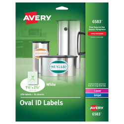 Photo 1 of Avery® White Oval Labels - Permanent Adhesive - 1 1/2" Width x 2 1/2" Length - Oval - Inkjet, Laser - White - 18 / Sheet - 270 / Pack