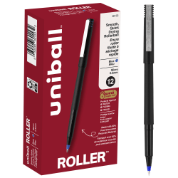 uni-ball® Rollerball&trade; Pens, Micro Point, 0.5 mm, 80% Recycled, Black Barrel, Blue Ink, Pack Of 12 Pens