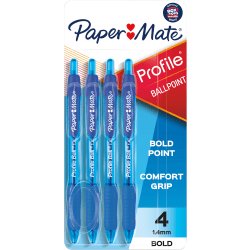 Paper Mate® Profile&trade; Retractable Ballpoint Pens, Bold Point, 1.4 mm, Translucent Barrel, Blue Ink, Pack Of 4