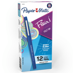 Paper Mate® Flair® Porous-Point Pens, Medium Point, 0.7 mm, Blue Barrel, Blue Ink, Pack Of 12