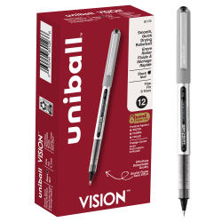 uni-ball® Vision&trade; Rollerball Pens, Fine Point, 0.7 mm, Gray Barrel, Black Ink, Pack Of 12