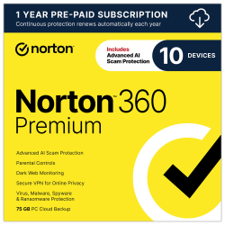 Norton&trade; 360 Premium, For 10 Devices, 1 Year Subscription, Windows®, Download