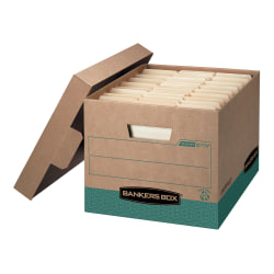 Bankers Box® R Kive® FastFold® BAA Compliant Heavy-Duty Storage Boxes With Locking Lift-Off Lids And Built-In Handles, Letter/Legal Size, 15&ldquo;D x 12&quot; x 10&quot;, 100% Recycled, Kraft/Green, Case Of 12