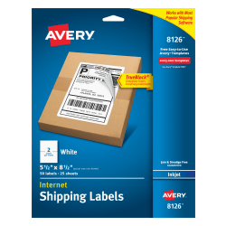 Avery® TrueBlock® Permanent Inkjet Shipping Labels, Internet, 8126, 5 1/2&quot; x 8 1/2&quot;, White, Pack Of 50