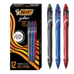 BIC Gelocity Quick Dry Retractable Gel Pens, Medium Point, 0.7 mm, Black/Blue/Red Barrels, Black/Blue/Red Inks, Pack Of 12