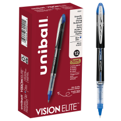 uni-ball® Vision&trade; Elite&trade; Rollerball Pens, Ultra-Fine Point, 0.5 mm, Black Barrel, Blue Ink, Pack Of 12 Pens