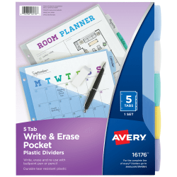 Avery® Write &amp; Erase Pocket Plastic Dividers For 3 Ring Binders, 9-1/4" x 11-1/4", 5-Tab Set, Multicolor, 1 Set