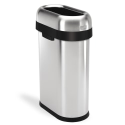 simplehuman Commercial Open Top Trash Can, Slim Oval, 13 Gallons, 27.4" x 10.7" x 18.2", Brushed Heavy-Gauge Stainless Steel