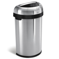 simplehuman Commercial Open Top Trash Can, Semi-Round, 16 Gallons, 29.9" x 18.5" x 13.1", Brushed Heavy-Gauge Stainless Steel