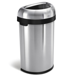 simplehuman® Semi-Round Open-Top Commercial Stainless-Steel Trash Can, 16 Gallons, 29-9/10&quot;H x  18-1/2&quot;W x 13-1/10&quot;D, Brushed Stainless Steel
